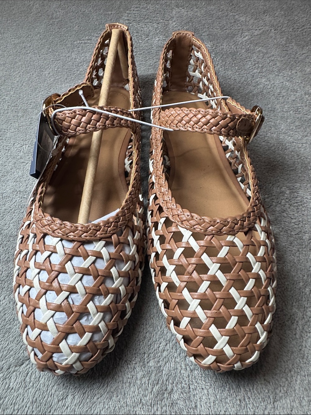 Universal Thread Braided Mary Jane Flats in Tan and White